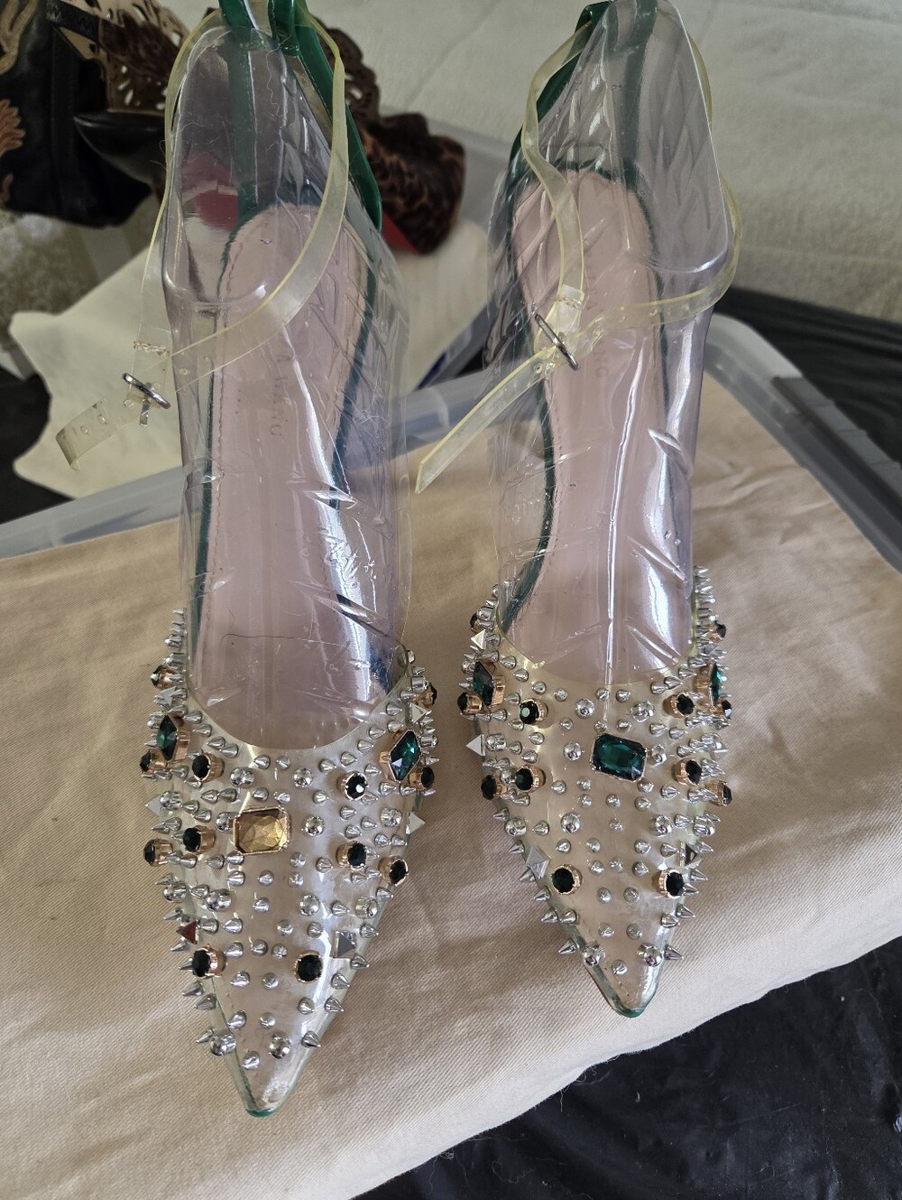 Azalea Wang Studded Gemstone Clear PVC Pointed Toe Green Heels Size 11